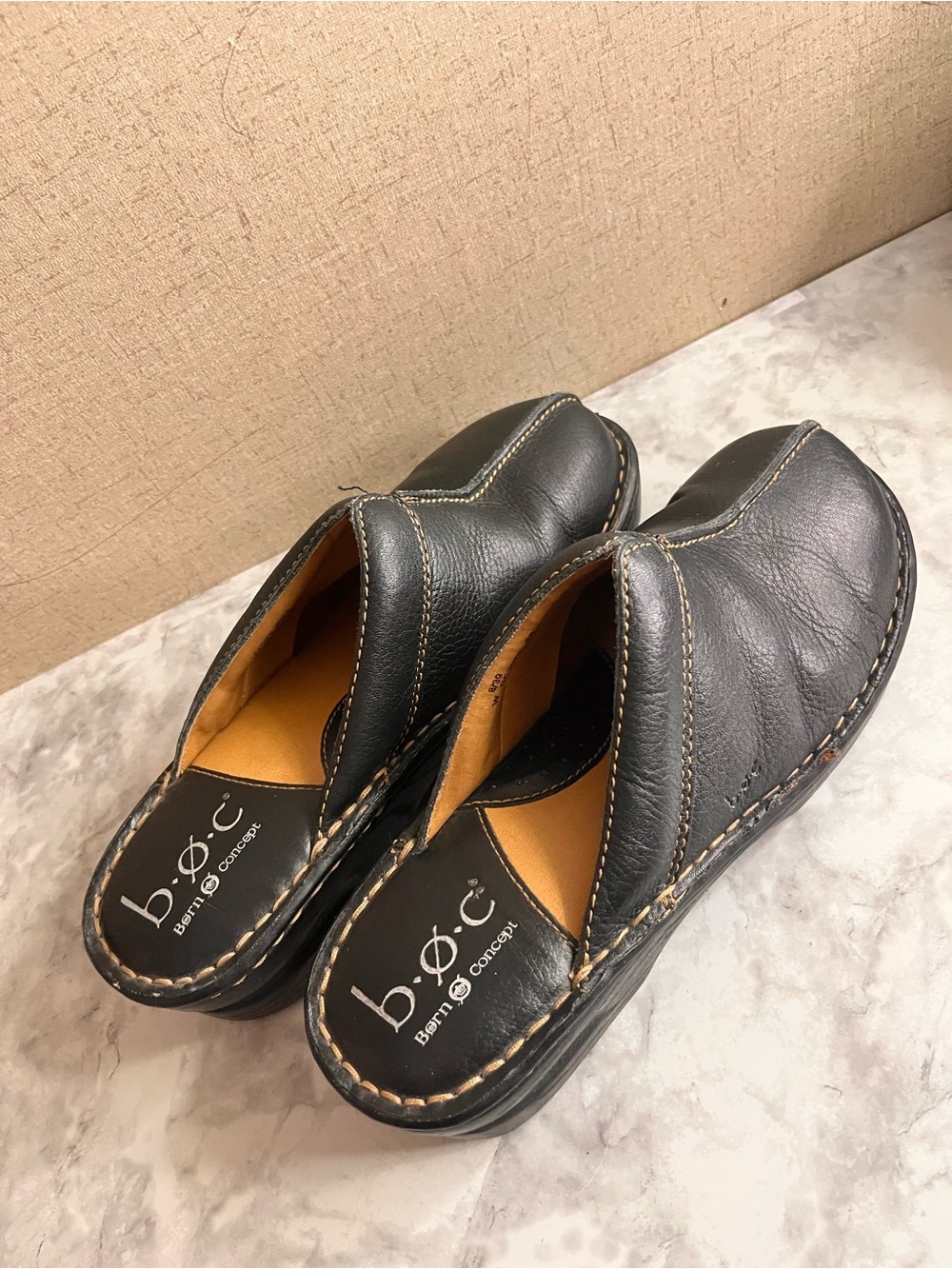 b.o.c. Black Leather Slip-On Mule with Tan Insole